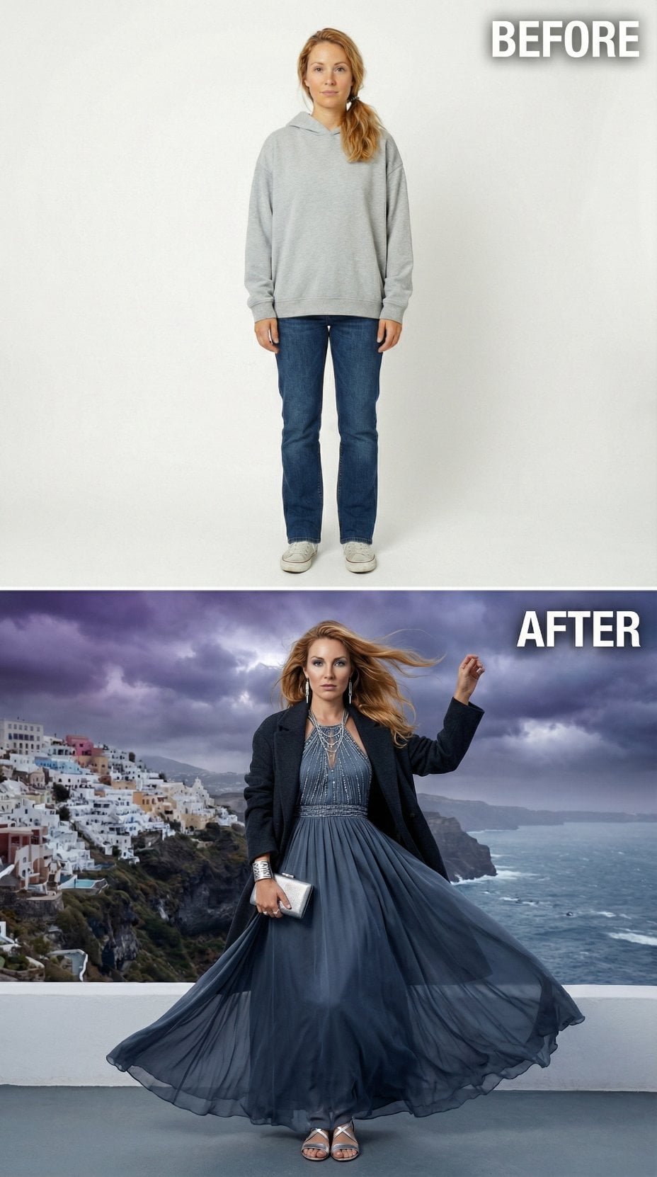 Casual Cotton Transformed by Slate Blue Maxi and Tailored Black Blazer