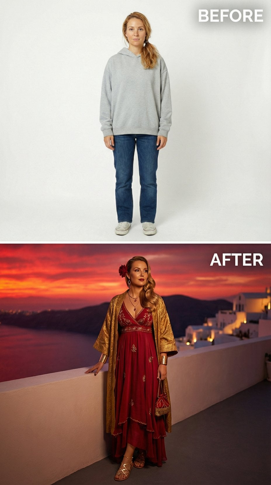 Casual Gray Hoodie and Denim Transform Into Crimson Gown and Gold Kimono