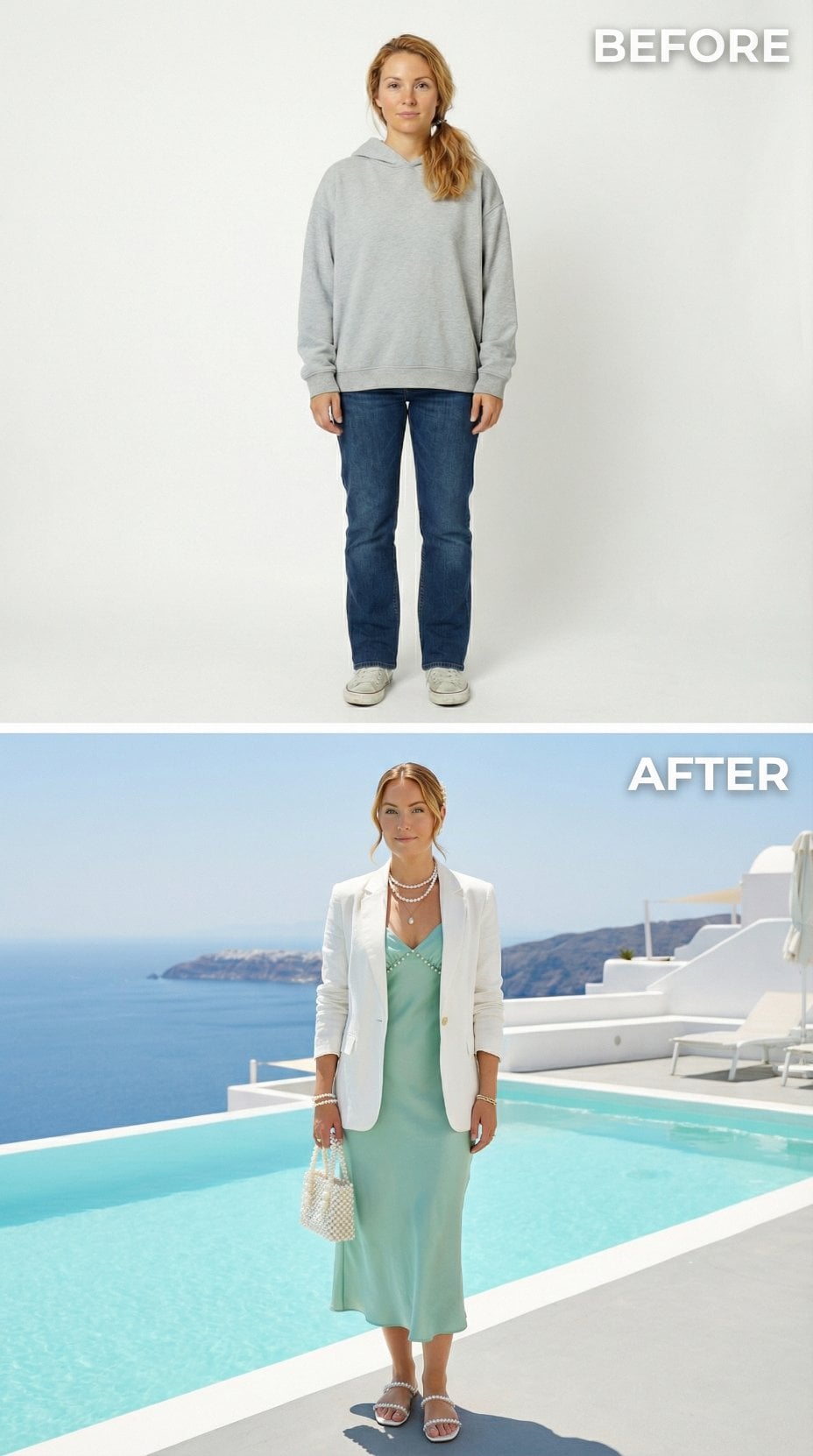 Casual Gray Hoodie and Jeans Evolve Into Mint Slip Dress Elegance