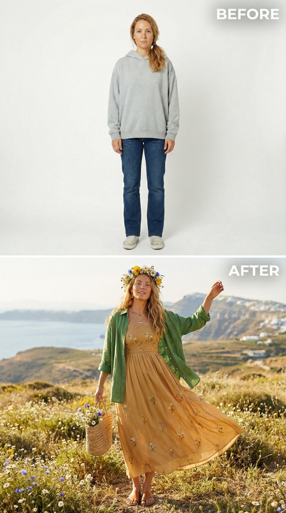 Slouchy Gray Fleece Dissolves Into Embroidered Mustard Maxi and Sage Kimono