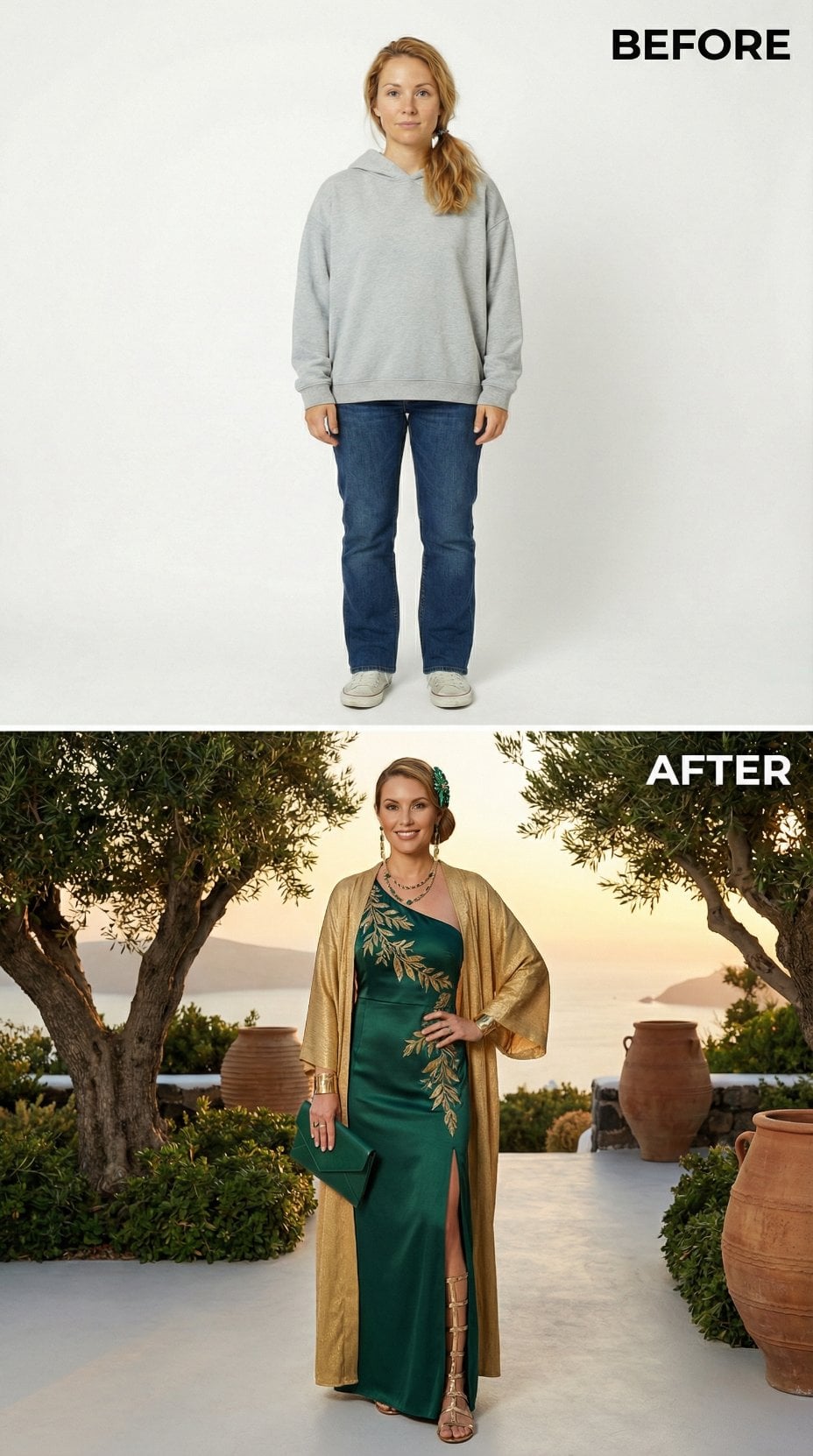 From Studio Sweatshirt to Emerald Column Gown and Golden Kimono Robe