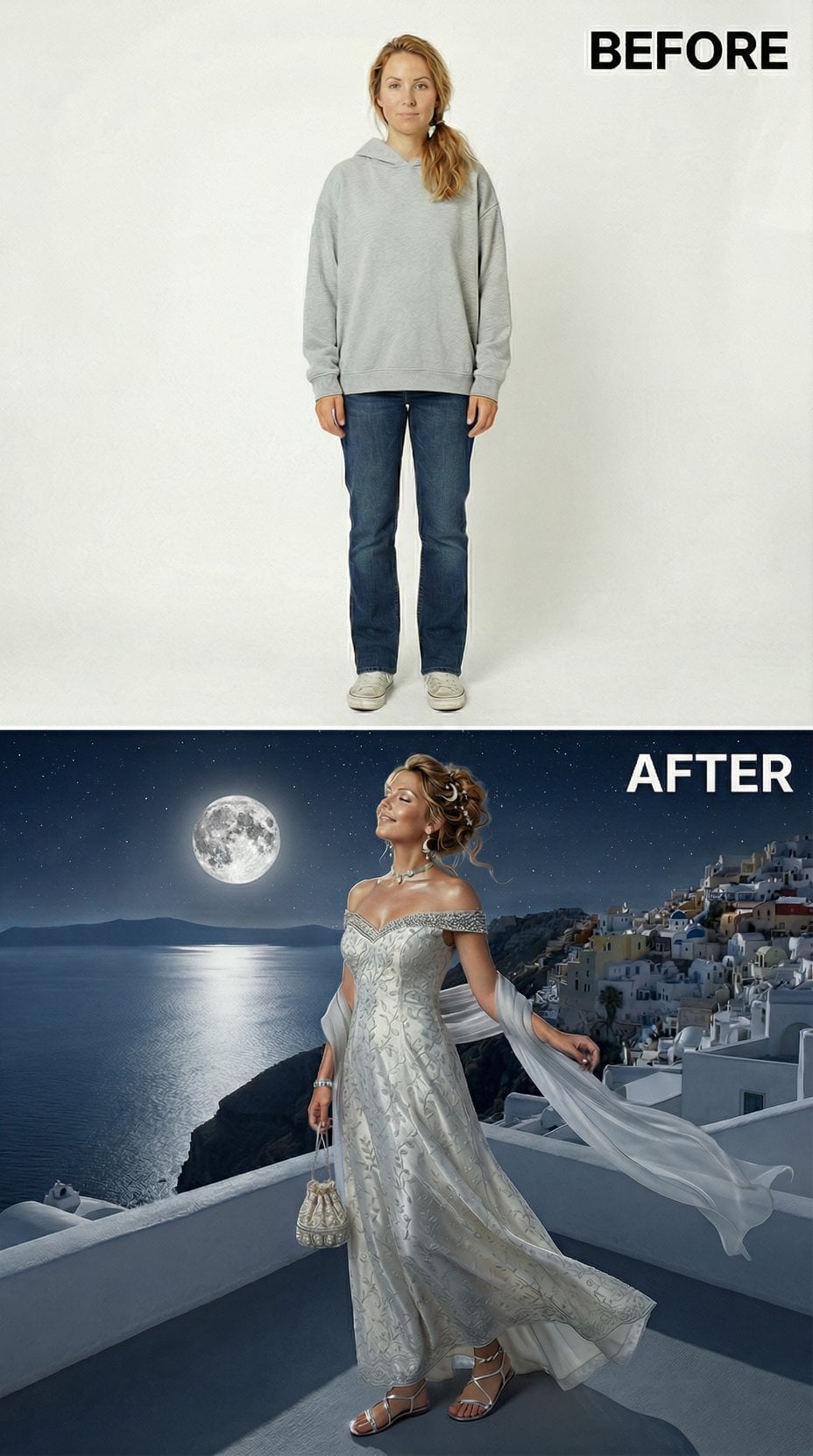 Slouchy Grey Hoodie Replaced by Silver Brocade Gown and Moonlit Aegean Vista