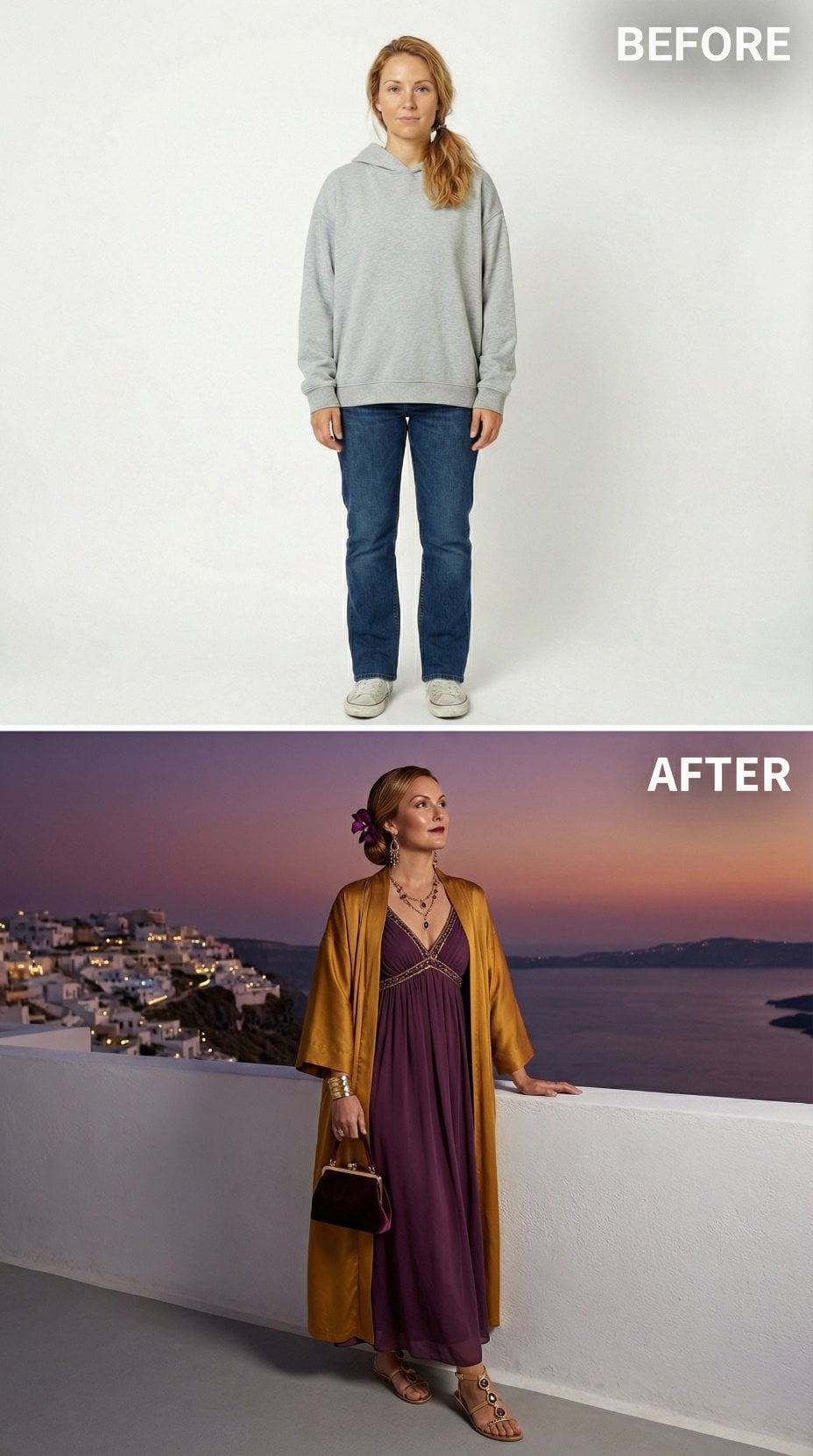 Gray Cotton Replaced by Burgundy Empire Gown and Saffron Silk Robe