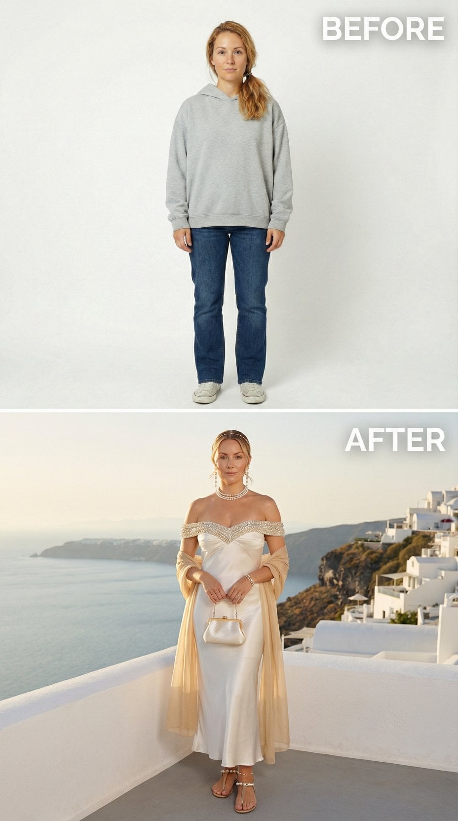 Oversized Gray Fleece Trades Stadium Comfort for Ivory Satin and Pearl Details