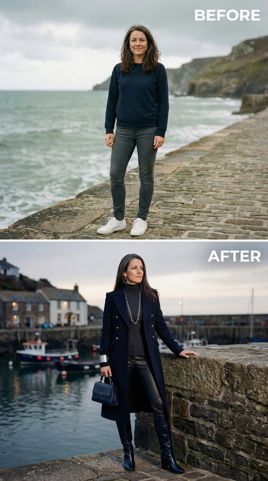 Sweatshirt to Double-Breasted Coat: Harbor-Side Drama in Navy and Leather
