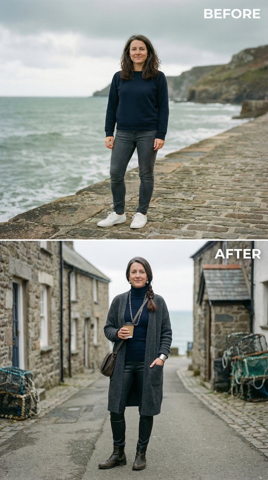 From Harbor Crewneck to Charcoal Duster Cardigan and Turtleneck Low Ponytail
