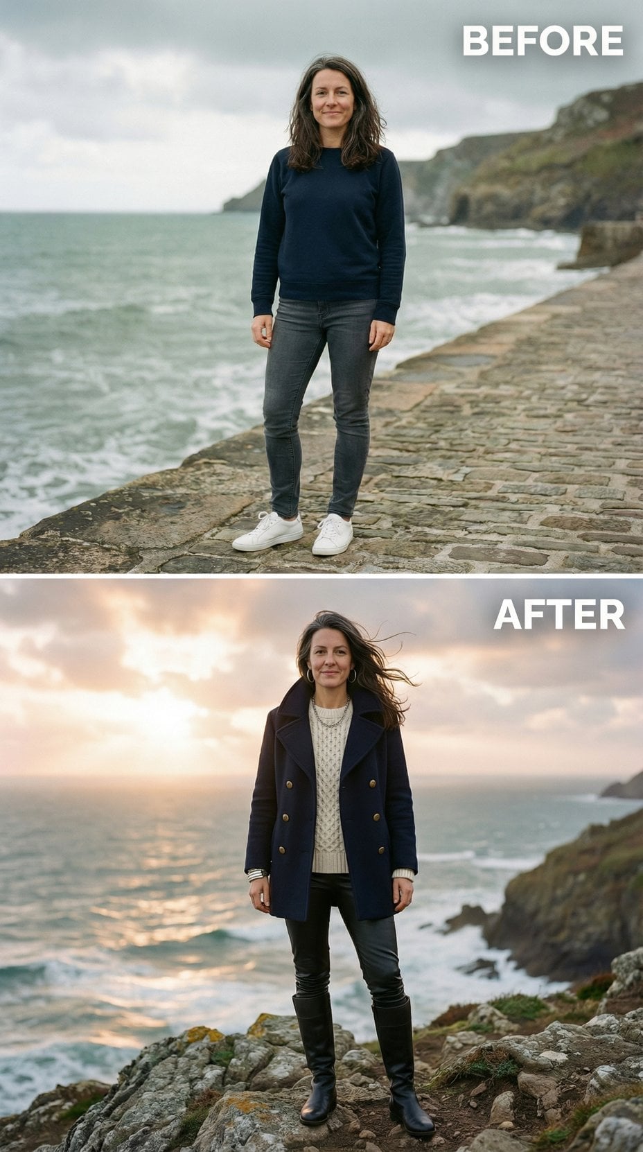 Charcoal Denim and Chelsea Boots on Rocky Outcrops at Golden Hour