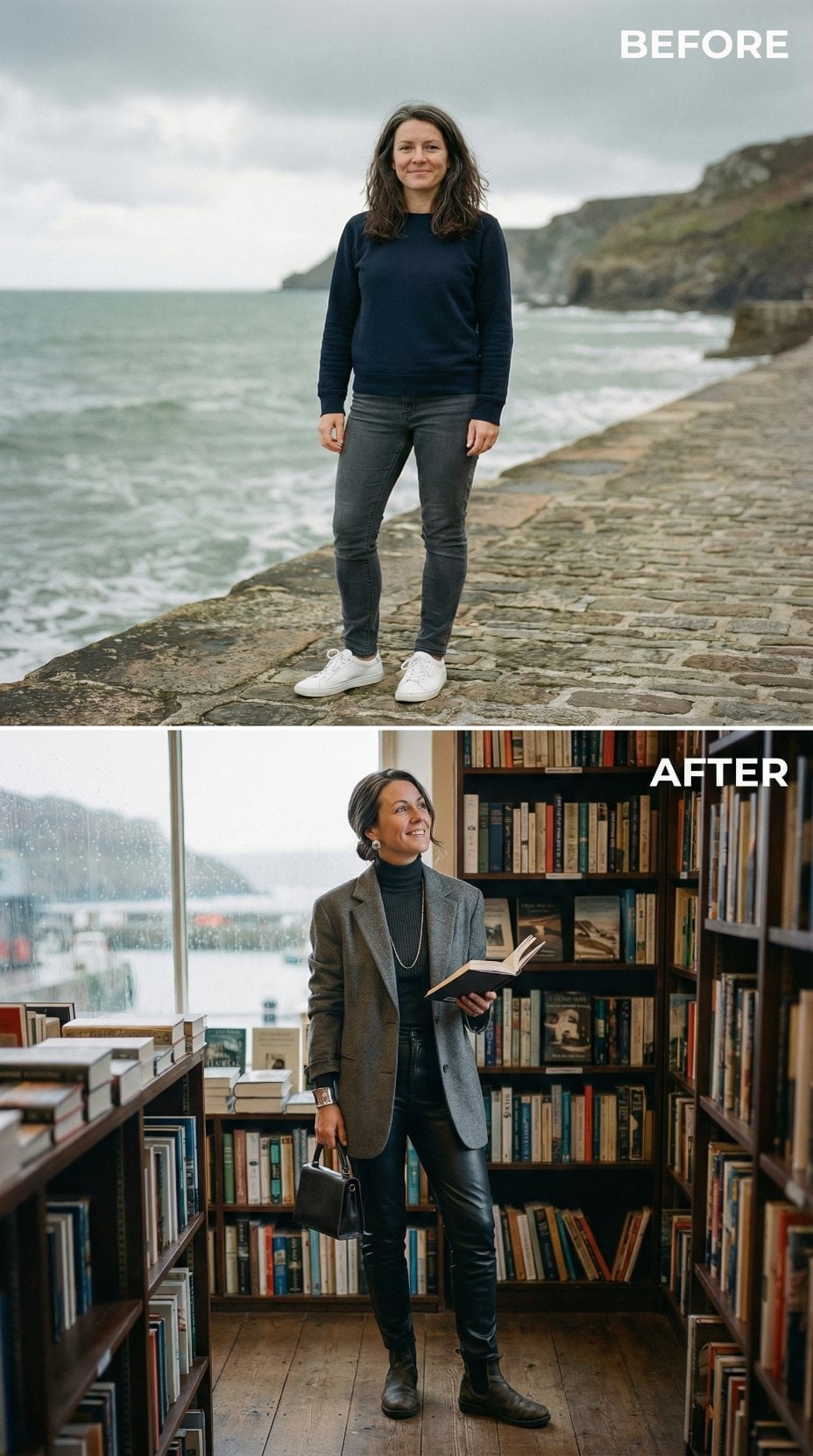 Cobalt Stone Dock to Tailored Scholar in Charcoal Wool and Black Turtleneck