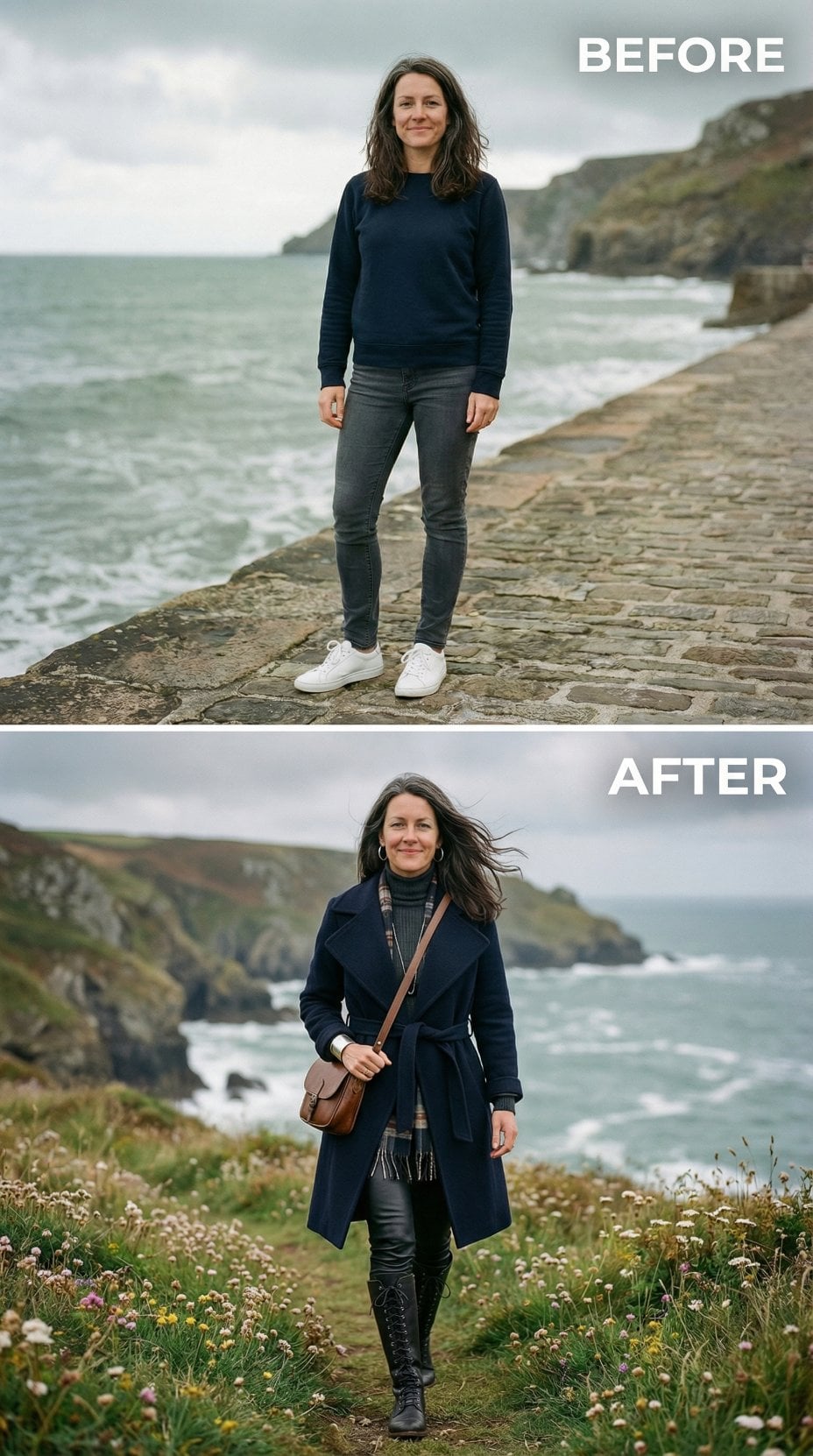 Navy Wrap Coat Over Plaid Scarf and Tall Black Boots Along Coastal Grass