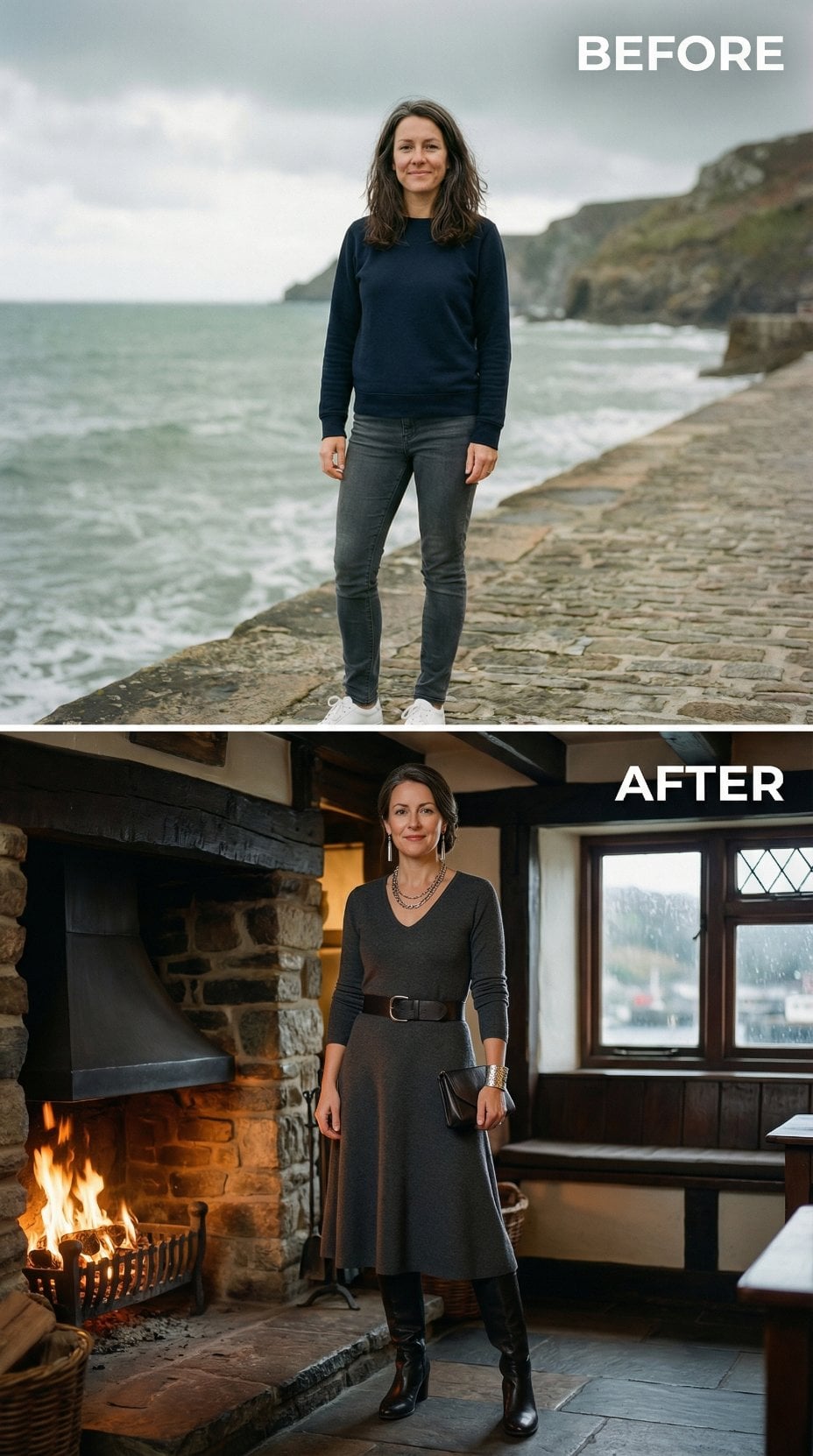 Casual Navy Sweatshirt to Belted Charcoal Knit and Midi Skirt Beside Stone Fireplaces