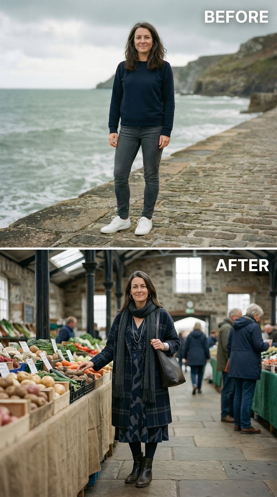 Market Layers in Checkered Charcoal Coat and Black Necklace