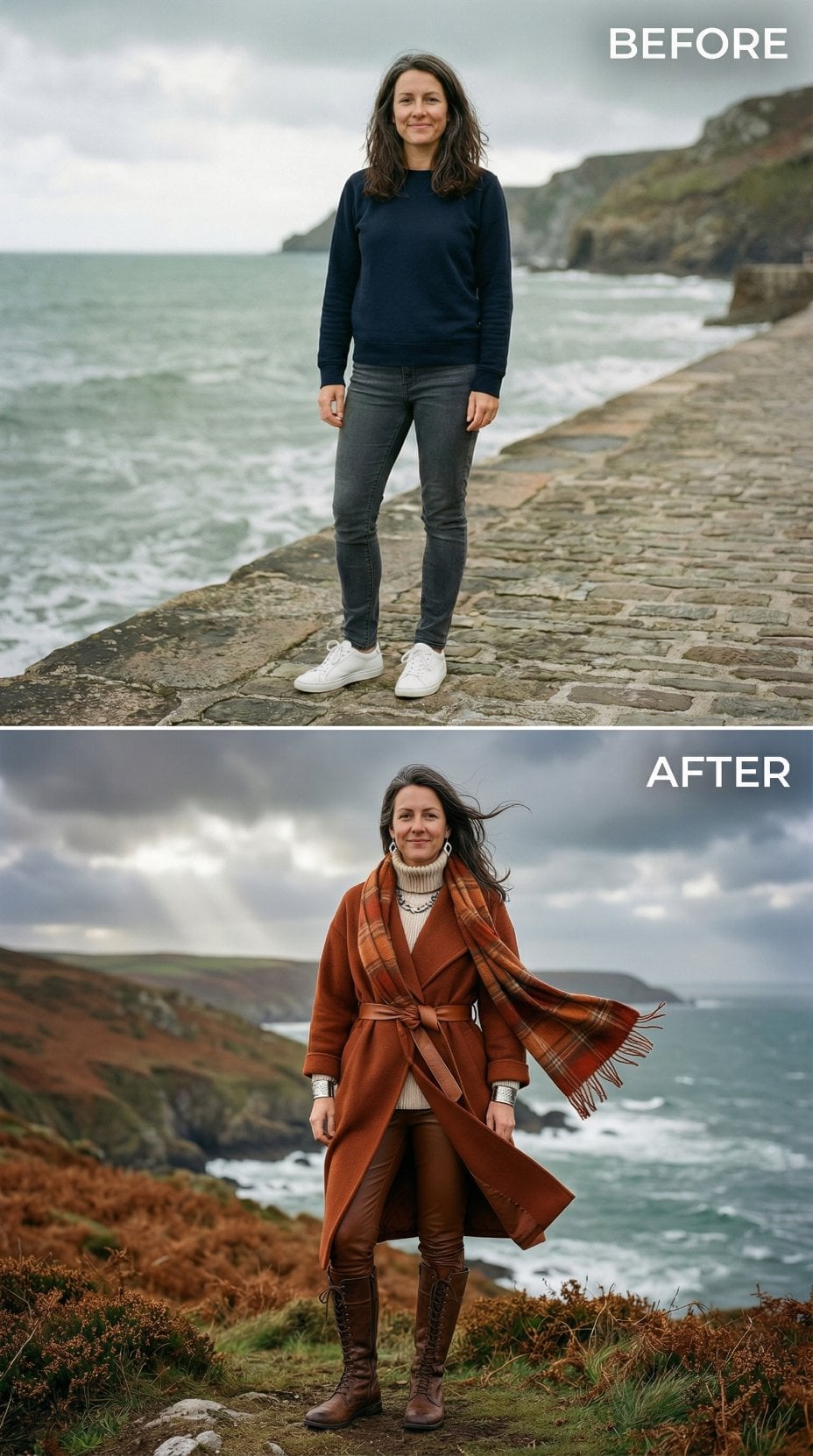 Burnt Sienna Wrap Coat and Plaid Scarf Against Clifftop Ferns