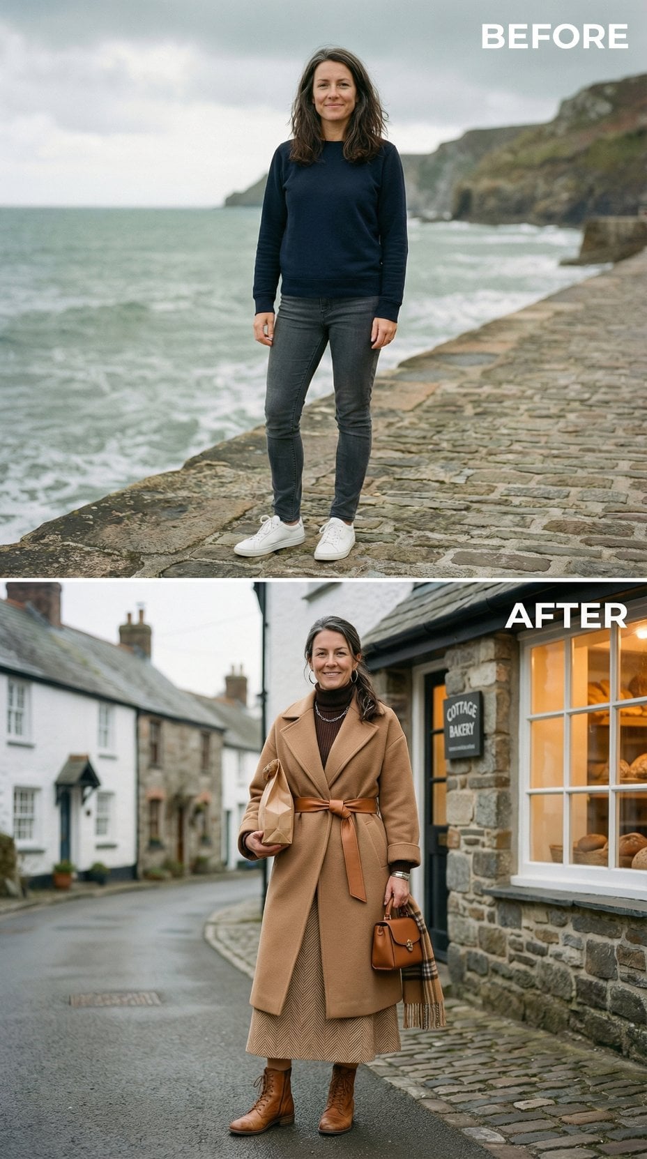 Camel Coat Over Brown Turtleneck and Herringbone Midi in Village Light