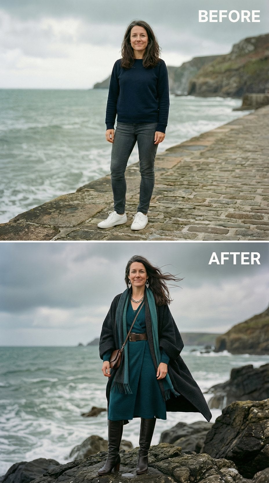 Sweatshirt and Jeans to Teal Dress, Cashmere Scarf, and Leather Boots