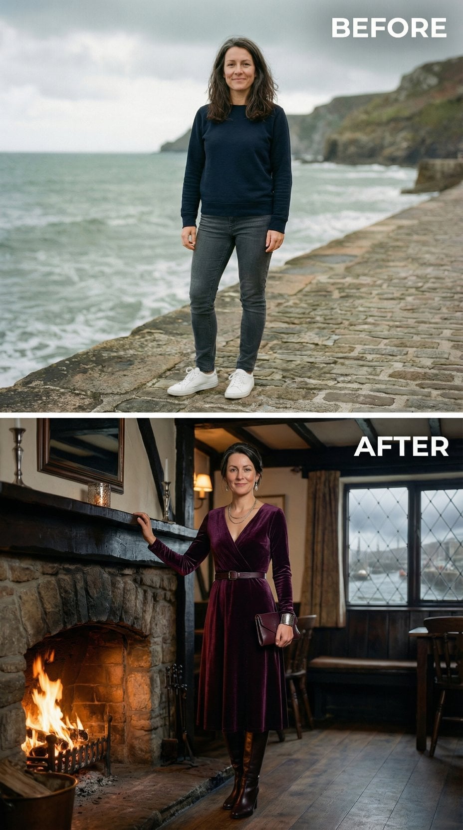 Navy Sweatshirt to Burgundy Velvet Wrap Dress by Firelight