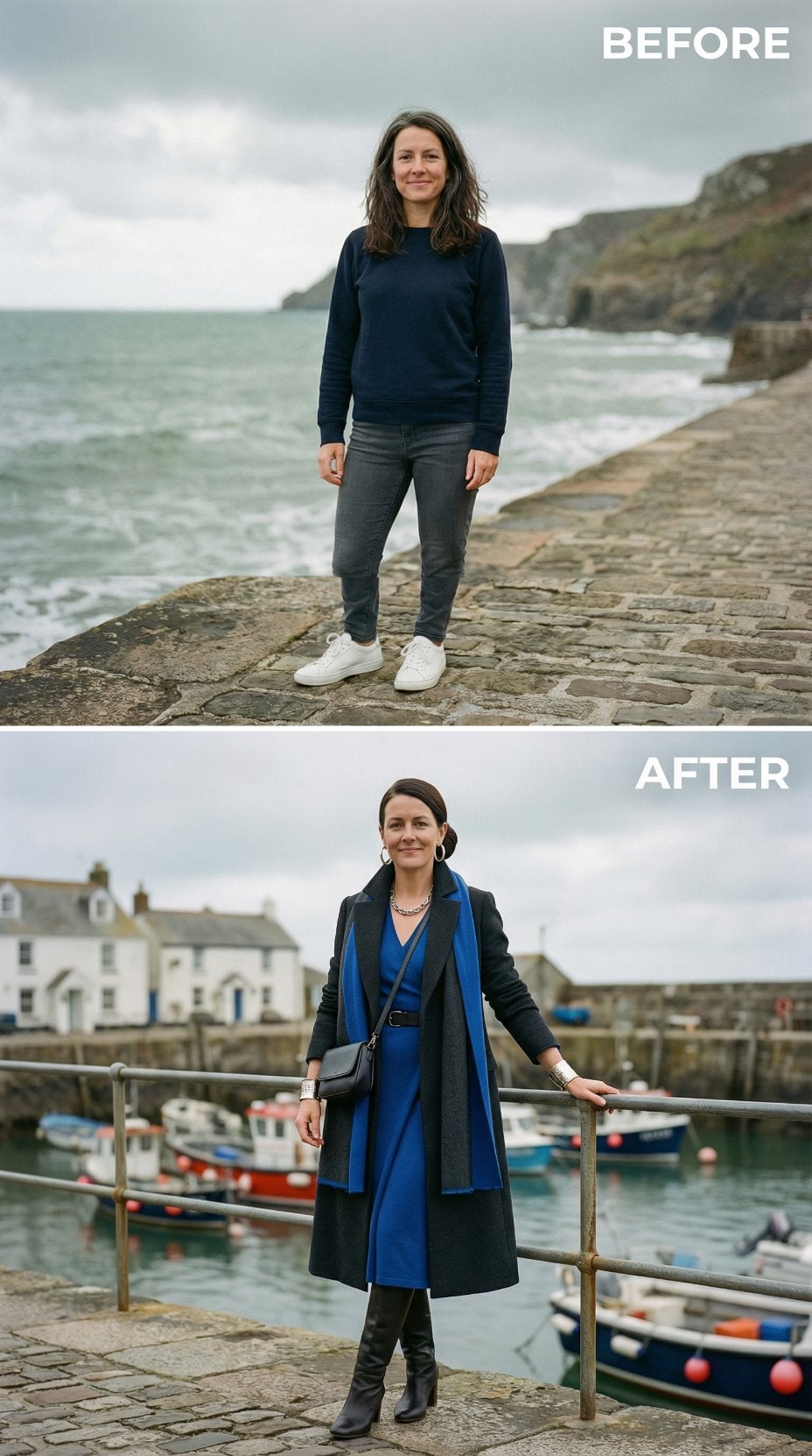 Electric Sapphire Wrap Dress Anchored by Charcoal Coat and Hoop Earrings