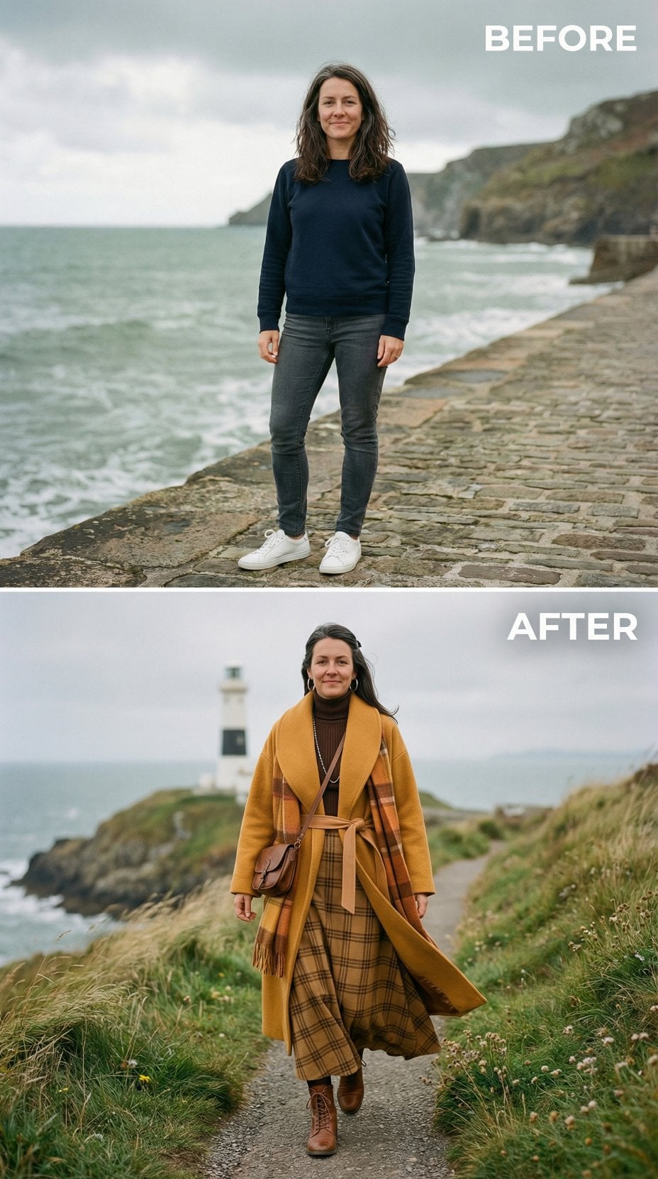 Coastal Navy to Mustard Wrap Coat and Plaid Wide-Legs by the Lighthouse