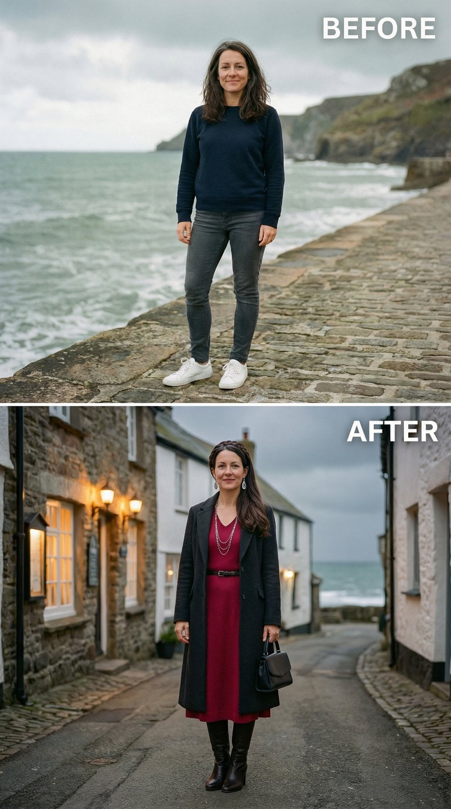 Dark Navy Sweatshirt to Wine Midi Dress and Charcoal Coat in Evening Village Streets