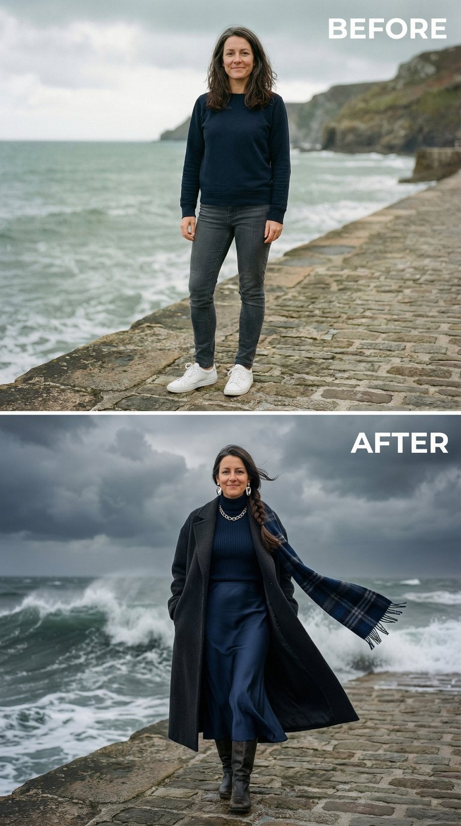 Gray Jeans and Sneakers to Navy Ribbed Turtleneck, Silk Skirt, and Long Coat