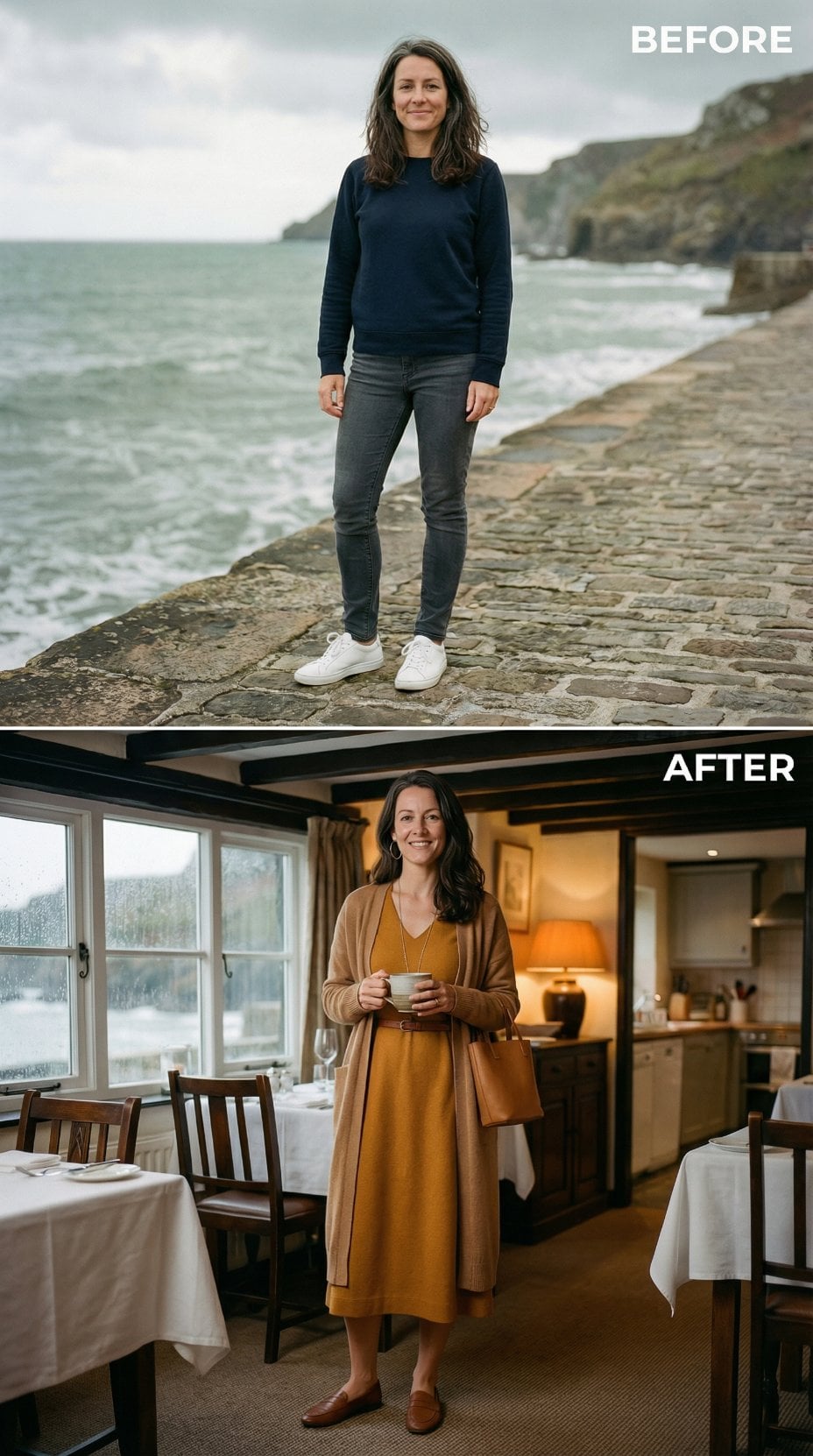 Navy Sweatshirt to Mustard Midi Dress and Tan Cardigan by B&B Windows