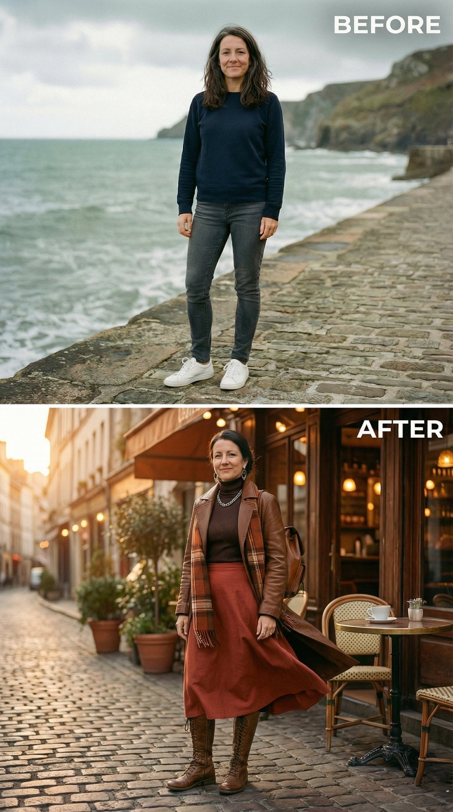 Sweatshirt and Sneakers to Cognac Leather Jacket and Rust Midi Skirt on Parisian Cobblestones