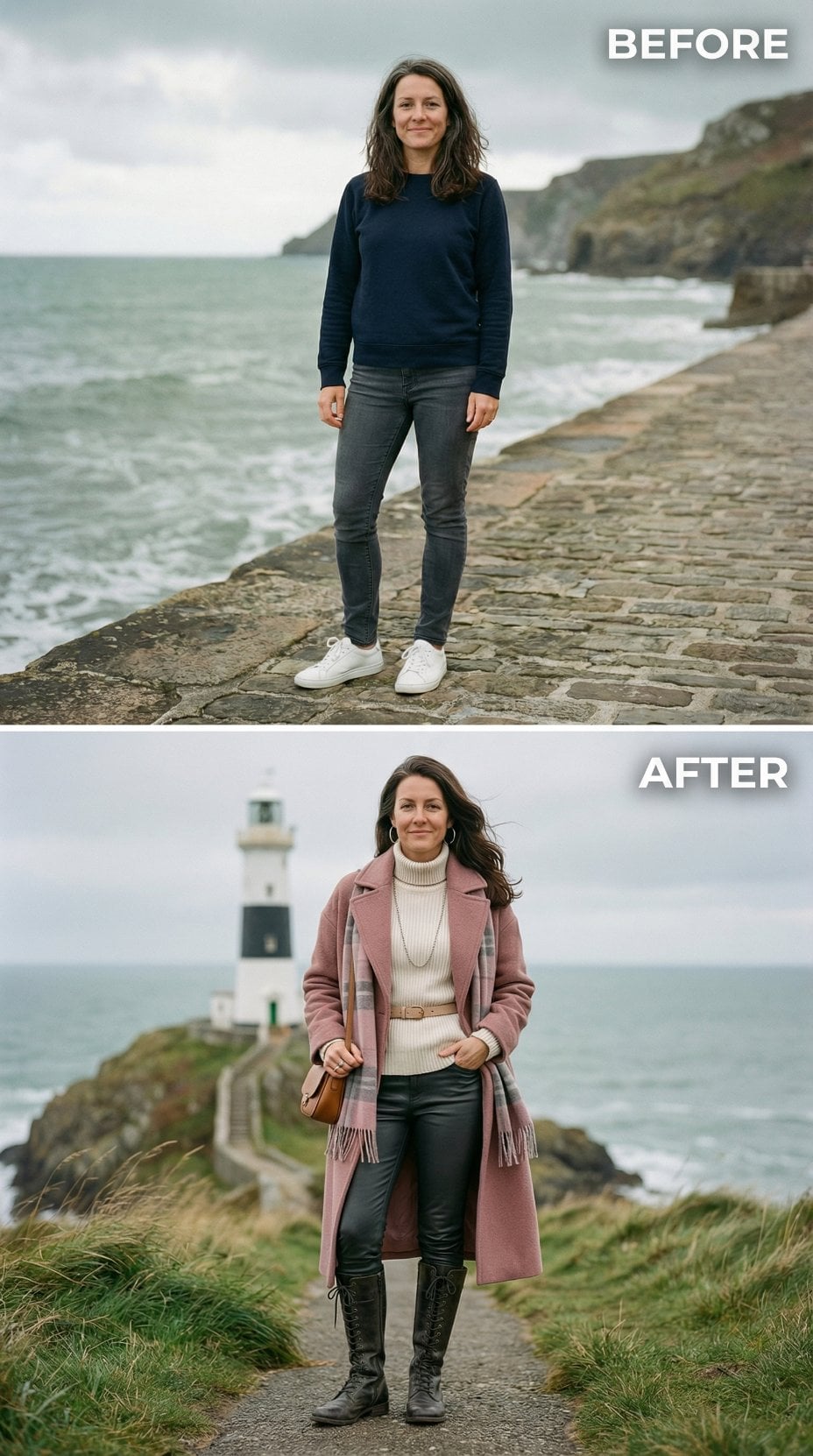 Sweatshirt Simplicity to Blush Wool Coat and Leather Pants by the Lighthouse