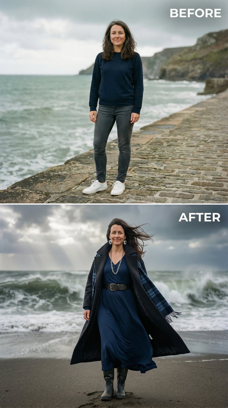 Sweatshirt Simplicity to Long Navy Dress, Black Coat, and Silver Chains