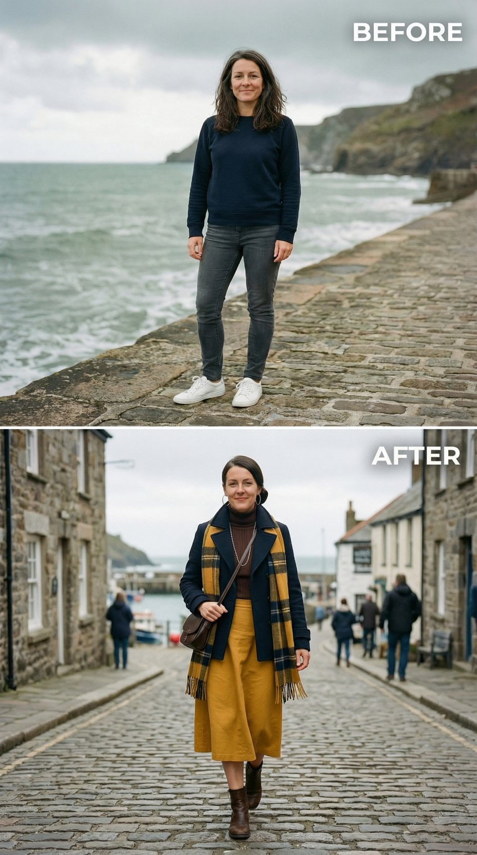 Casual Navy Jersey to Layered Mustard Culottes and Plaid Scarf