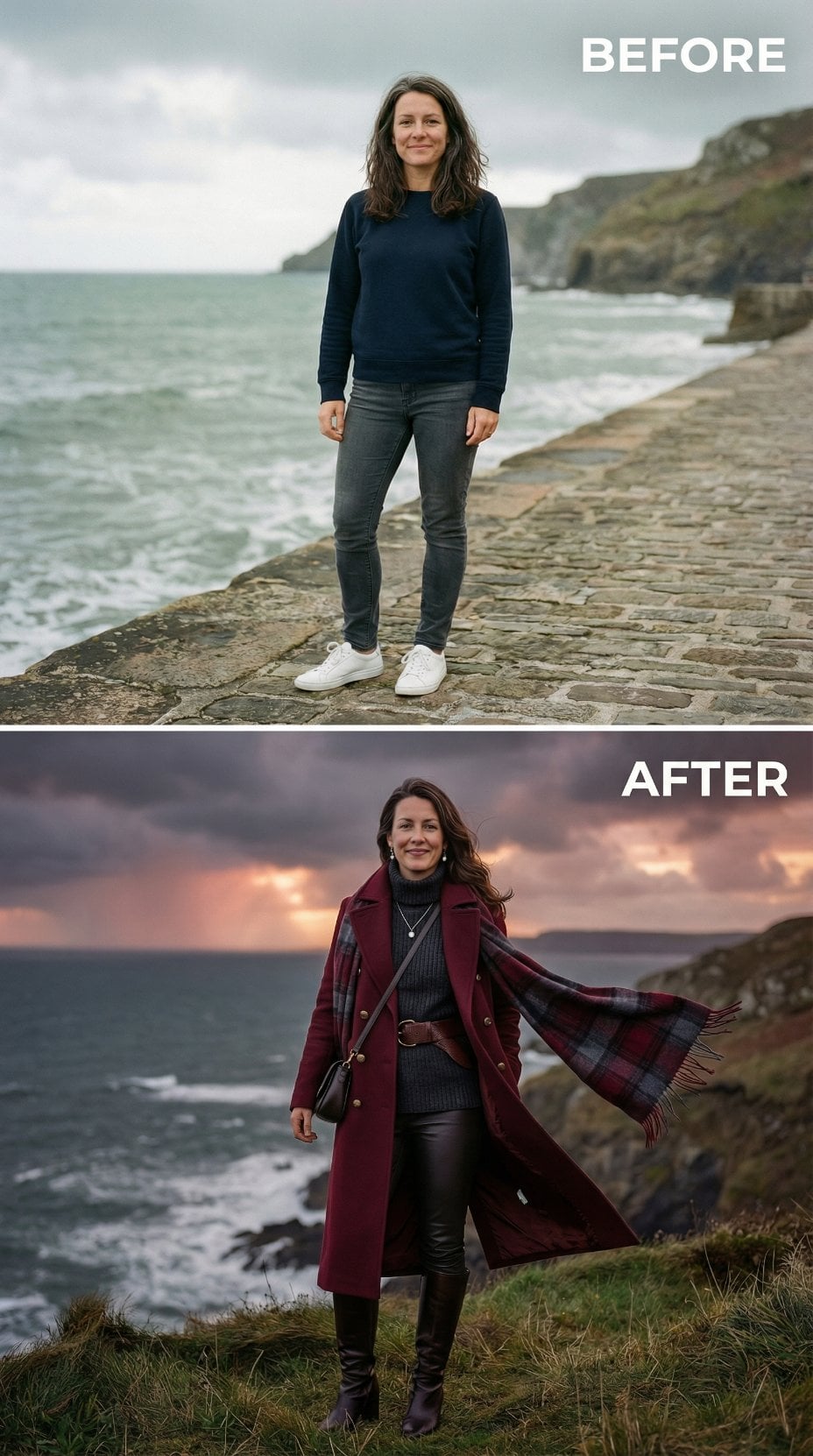 Sweatshirt and Denim to Burgundy Coat with Plaid Scarf at Sunset