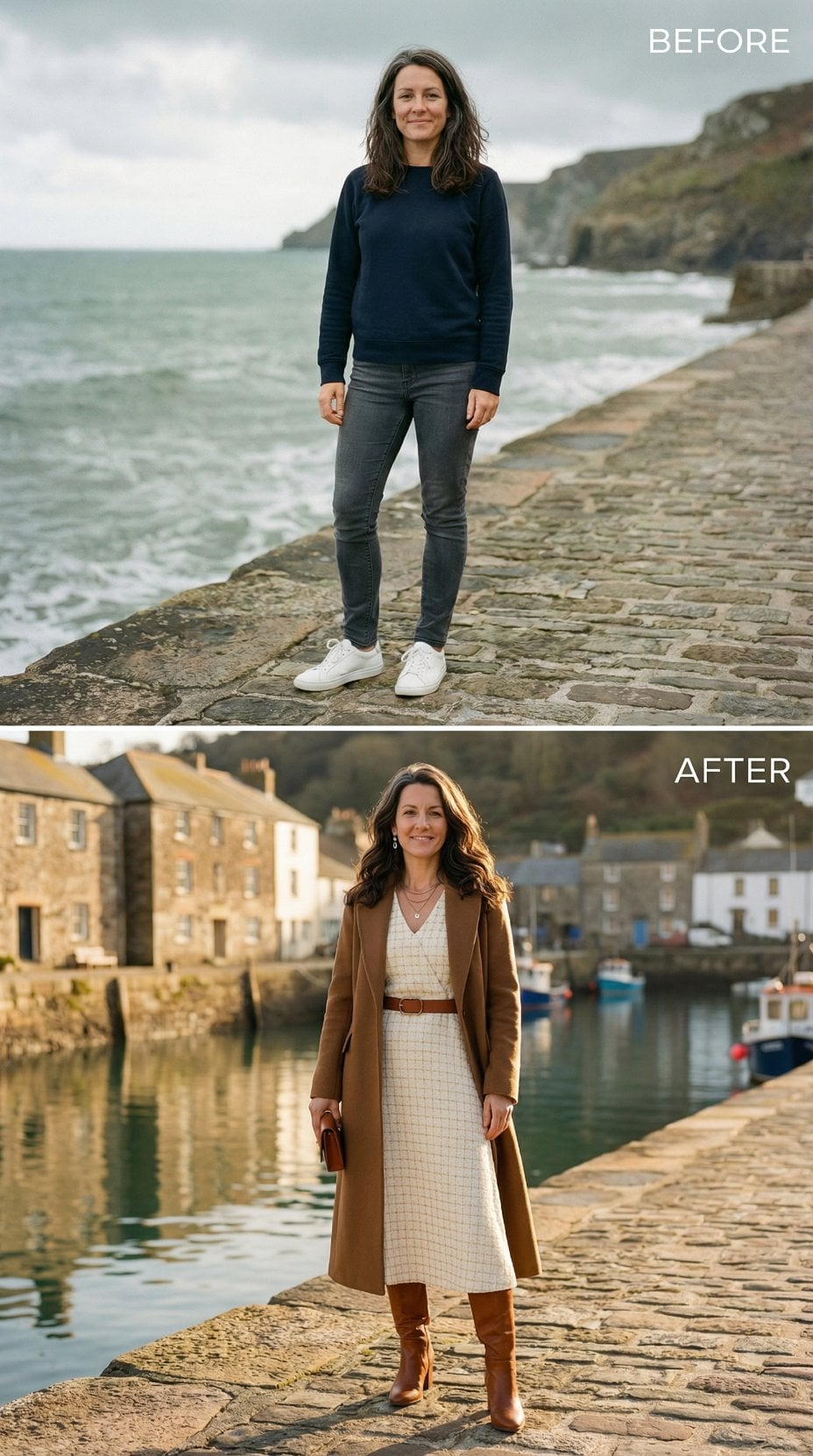 Navy Crewneck to Cream Grid Dress, Camel Coat, and Cognac Boots