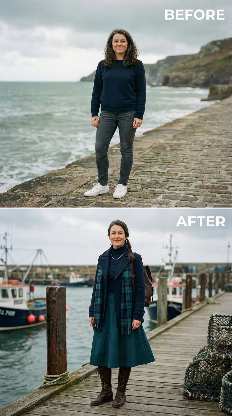 Navy Sweatshirt to Teal Ribbed Turtleneck, Midi Skirt, and Plaid Scarf on Harbor Pier