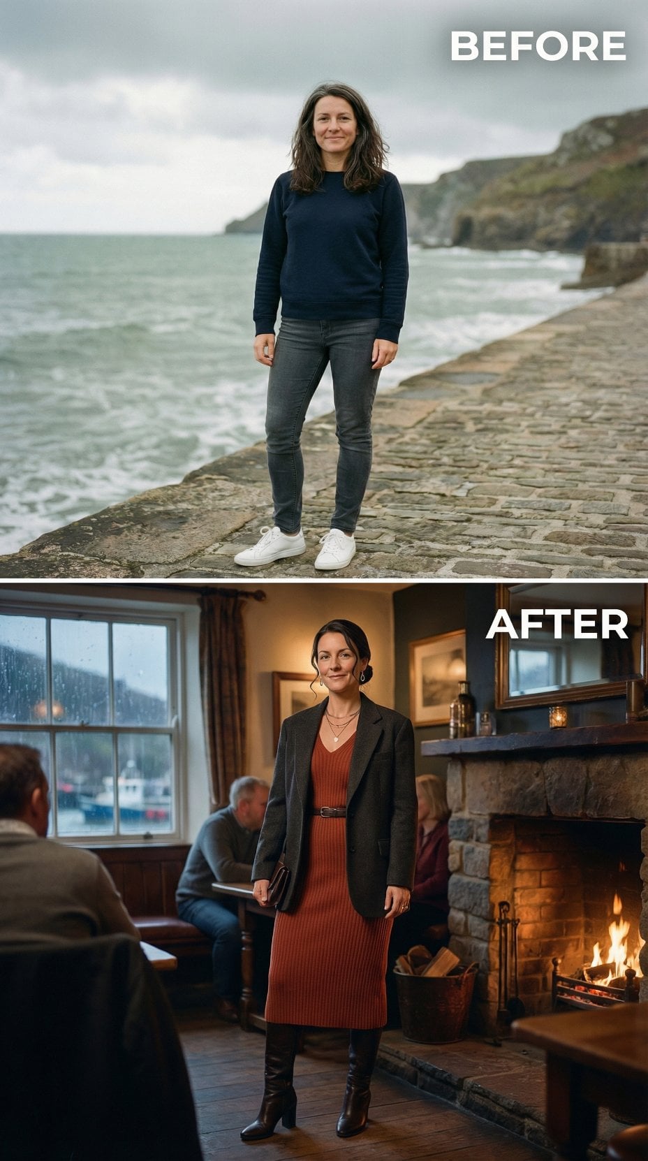 Navy Sweatshirt to Rust Sweater Dress, Black Blazer, and Updo in Pub