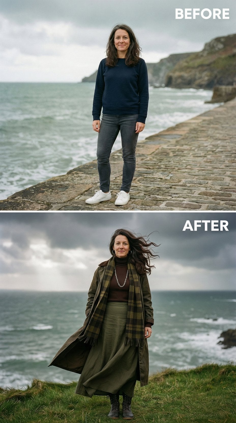 Olive Maxi Coat with Brown Ribbed Turtleneck and Plaid Scarf