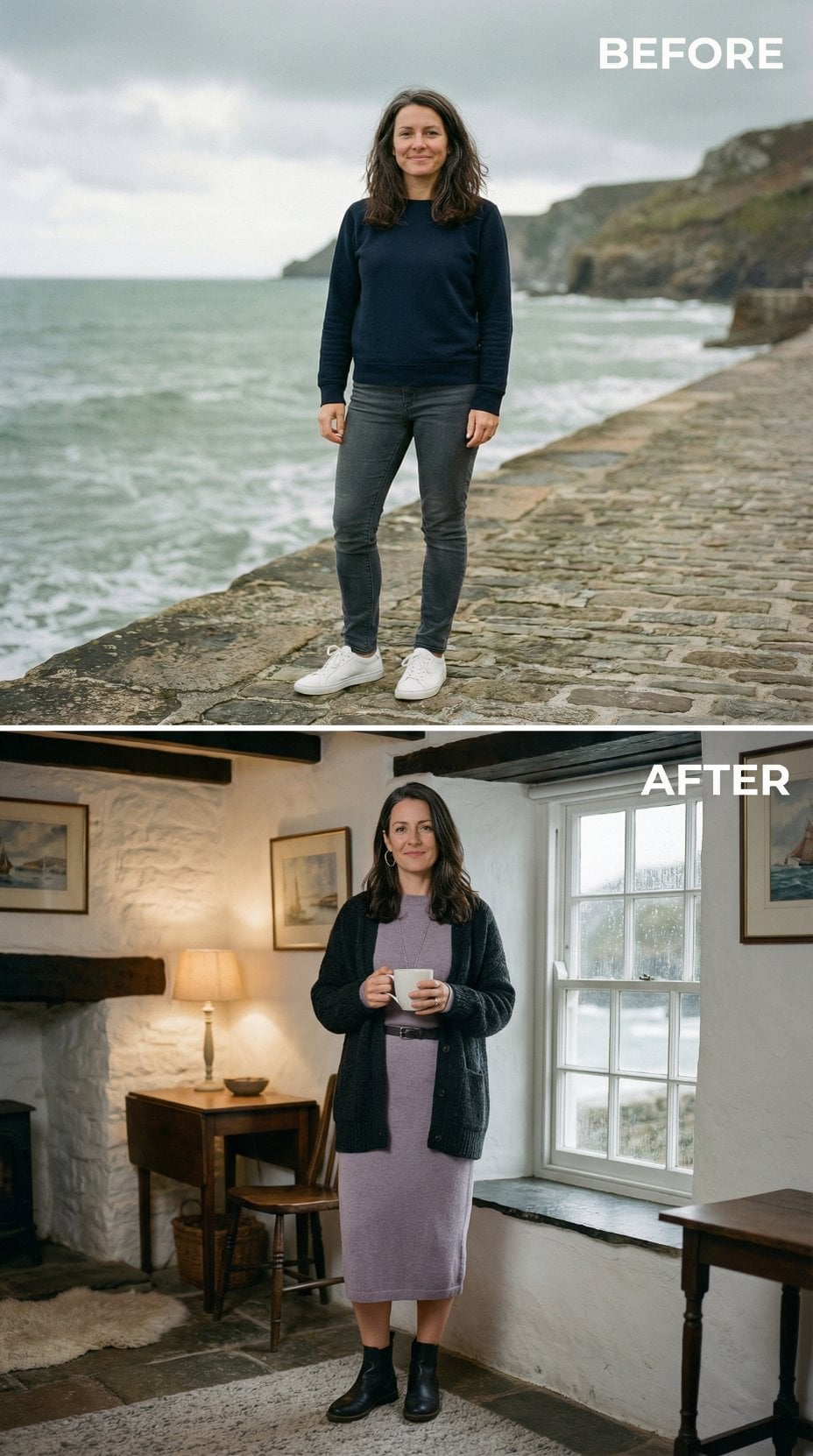 Sweatshirt and Sneakers to Lavender Knit Midi, Charcoal Cardigan, and Black Ankle Boots
