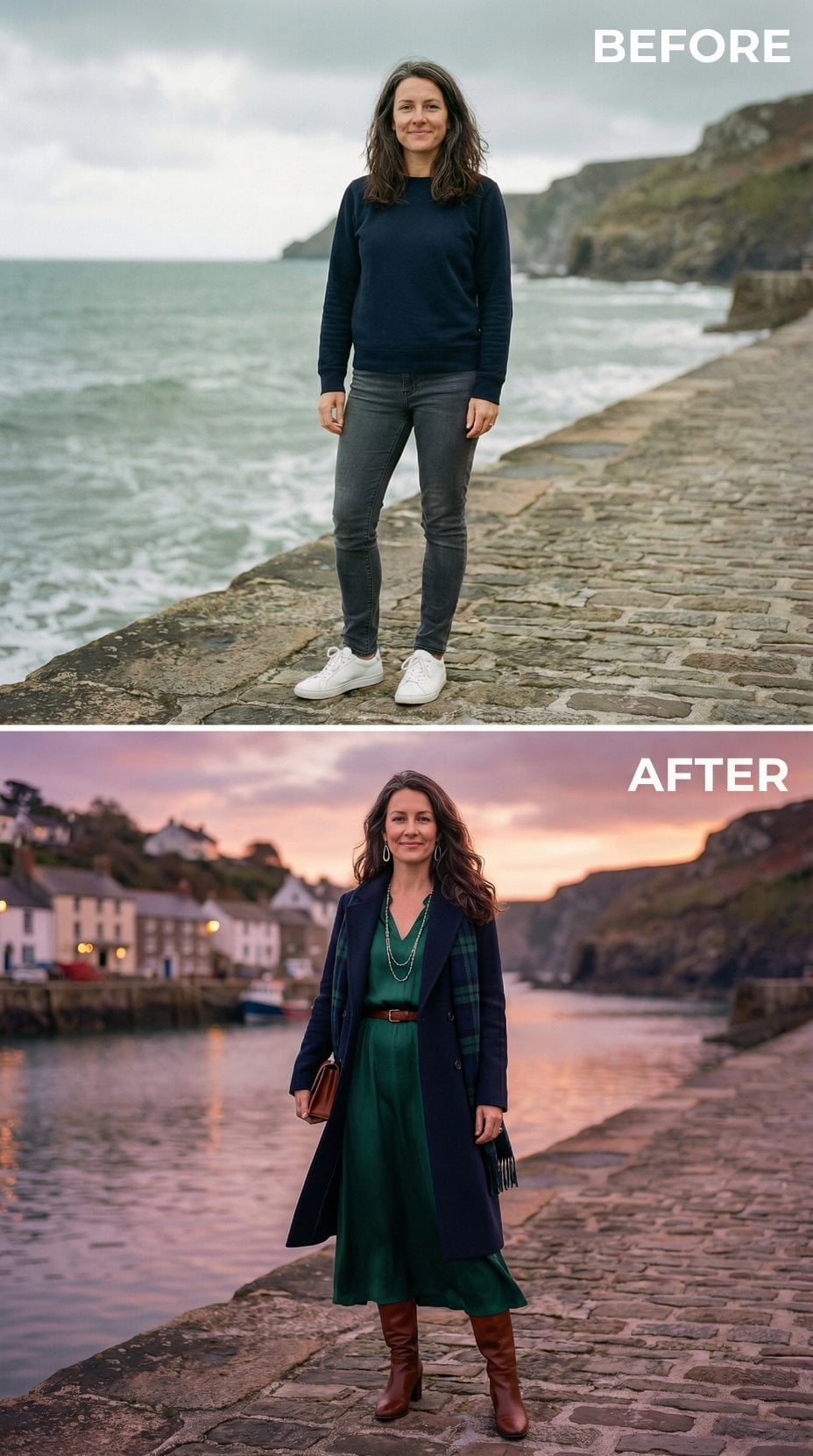 Emerald Midi Dress with Navy Blazer, Leather Belt, and Knee Boots