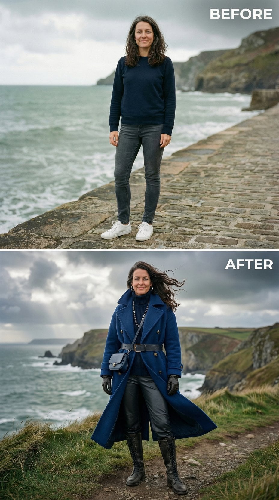 Navy Sweatshirt to Belted Blue Coat, Leather Pants, and Black Gloves