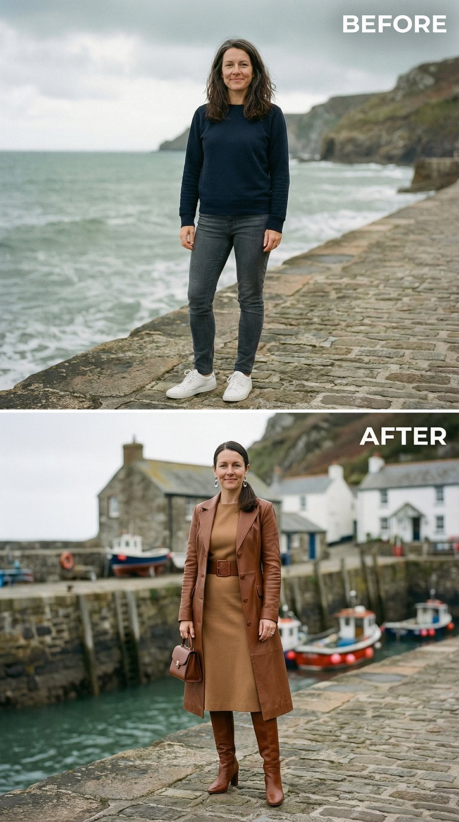 Caramel Leather Blazer, Belted Midi Dress, and Knee-High Boots