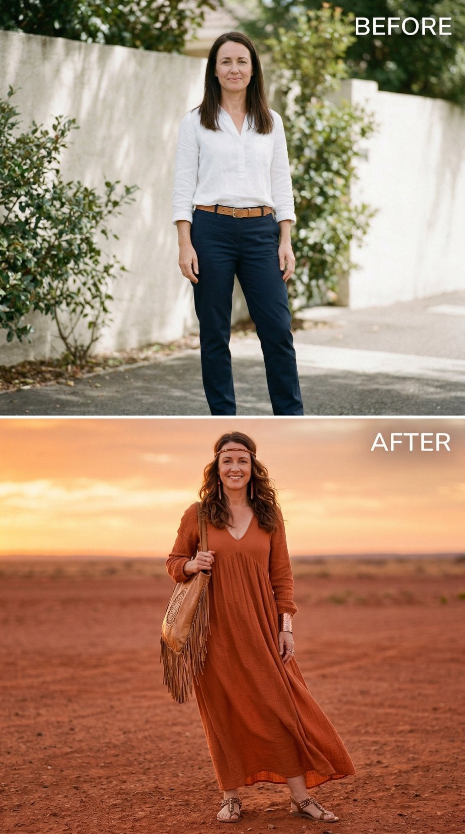 From Navy Chinos to Burnt Orange Maxi at Golden Hour