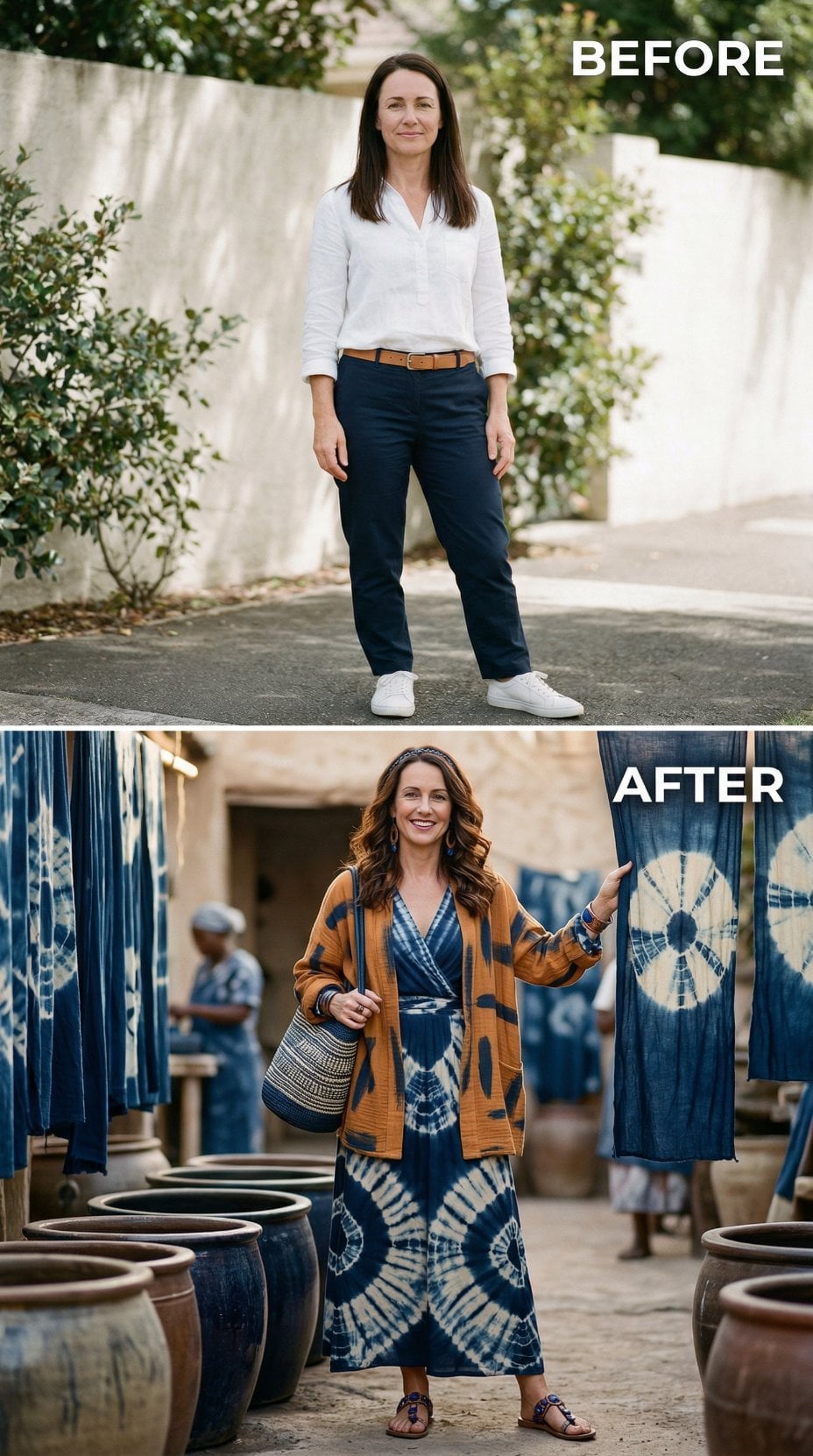 Straight Navy Chinos and Tucked White Henley Spiral Into Tie-Dye Maxi