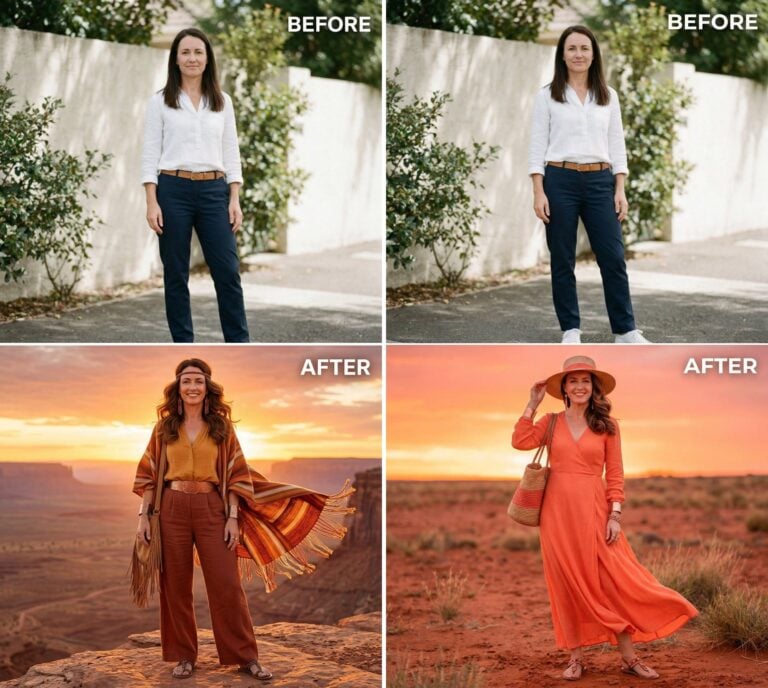 I Asked AI to Turn My Boring Basic Look Into a Wild Flamboyant “Desert Sunrise Wanderer” Style – These Are the 33 Fascinating Before & After Results
