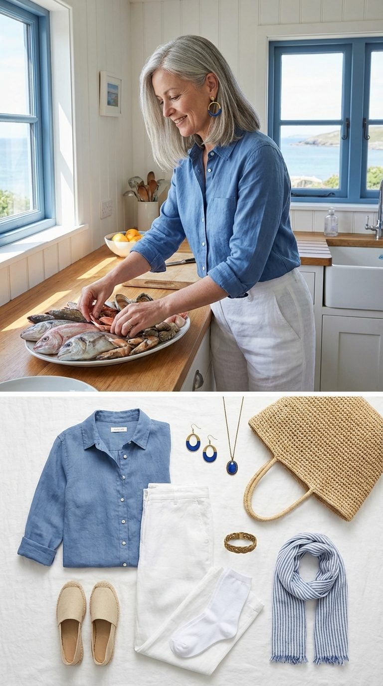 Coastal Grandmother in Soft Blue Cotton and Brass Details