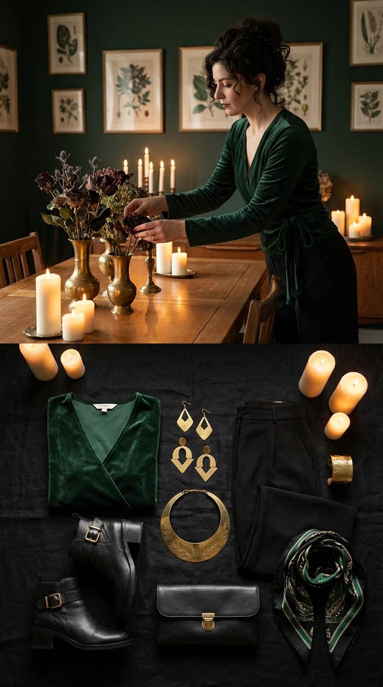 Midnight Garden Party in Forest Green Velvet and Brass