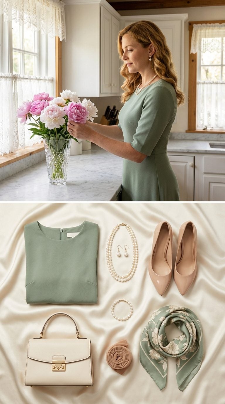 English Garden Romance in Sage Crepe and Pearl Details
