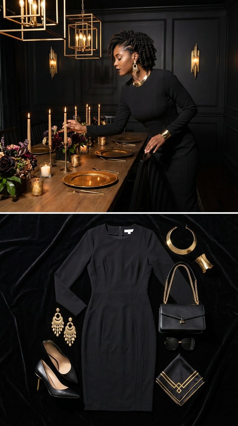 Art Deco Revival in Black Crepe and Gold Hardware