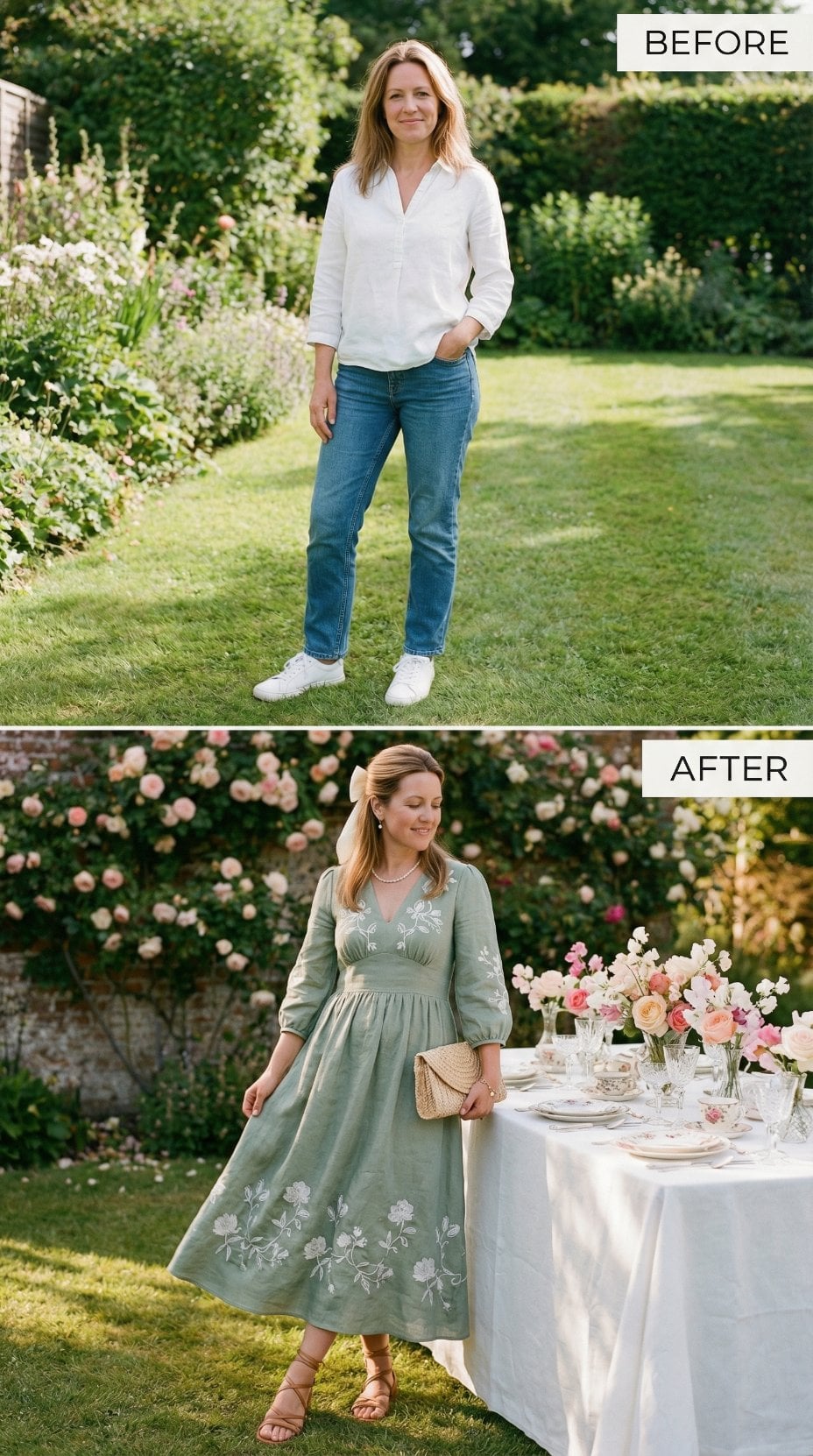 Sage Linen Empire Waist With Embroidered Hemline Florals