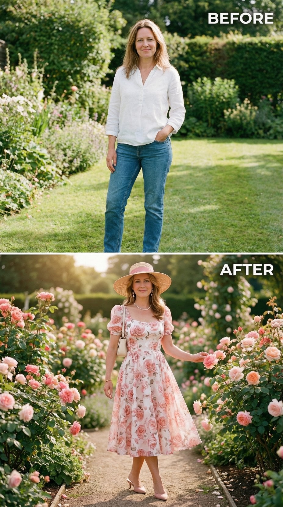 Rose Print Cotton Midi With Puffed Sleeves and Wide-Brim Straw Hat