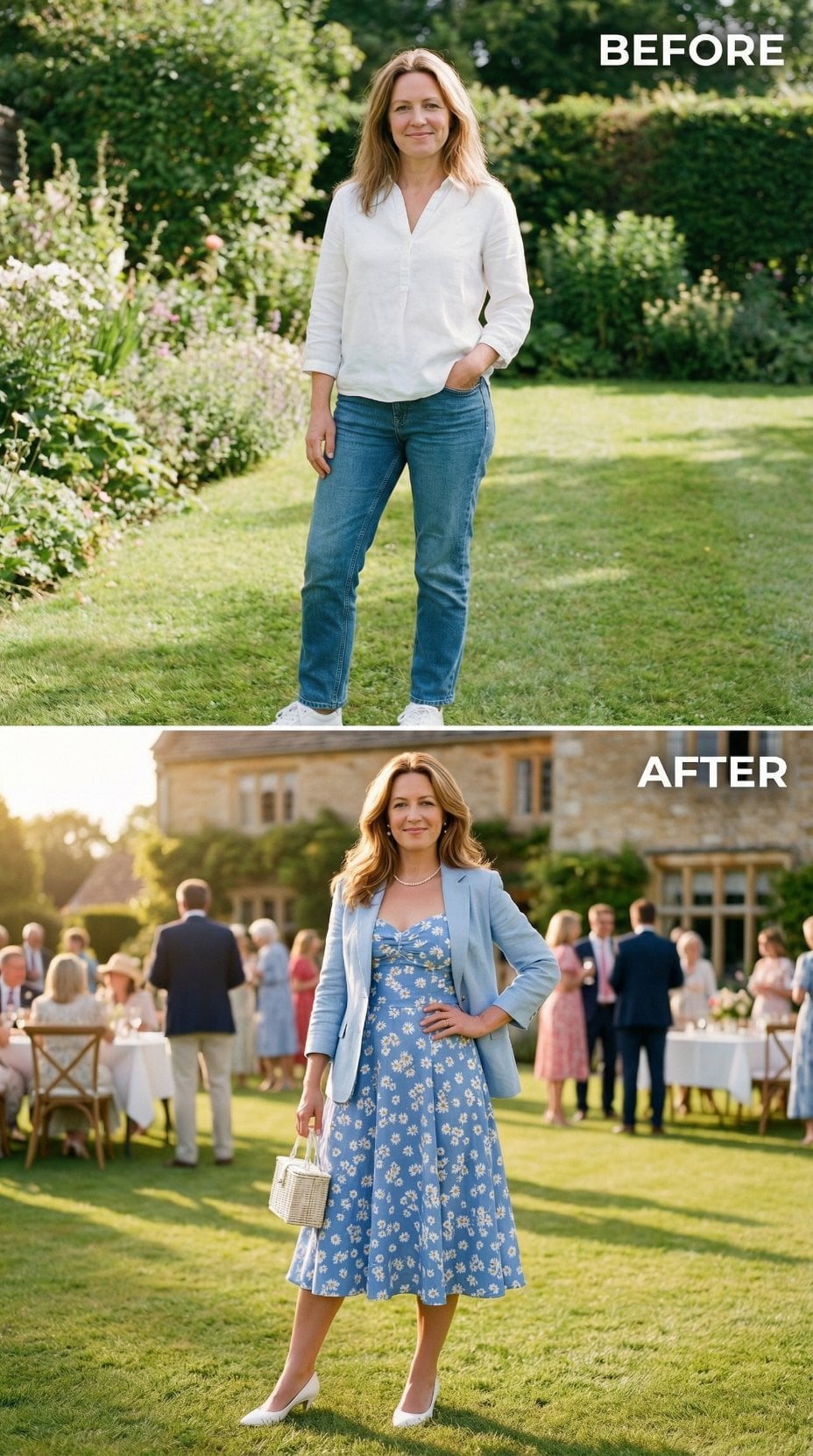 Powder Blue Blazer Over Garden Party Florals and Pumps