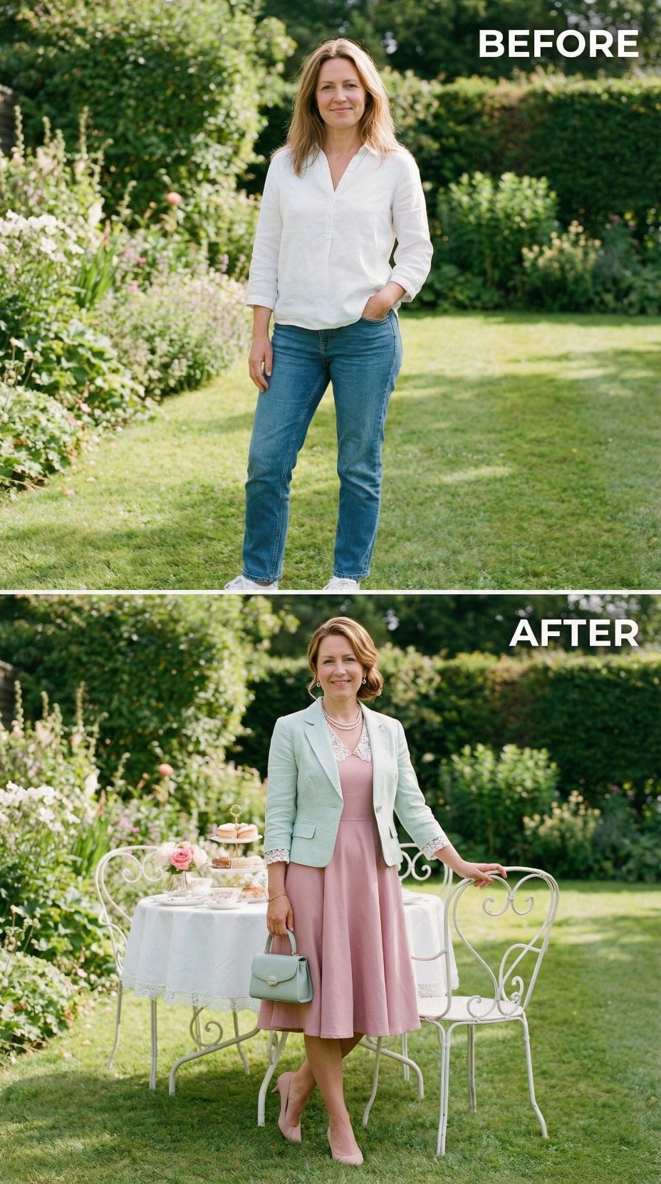 Mint Blazer Over Rose Midi With Tea Table Vignette Props