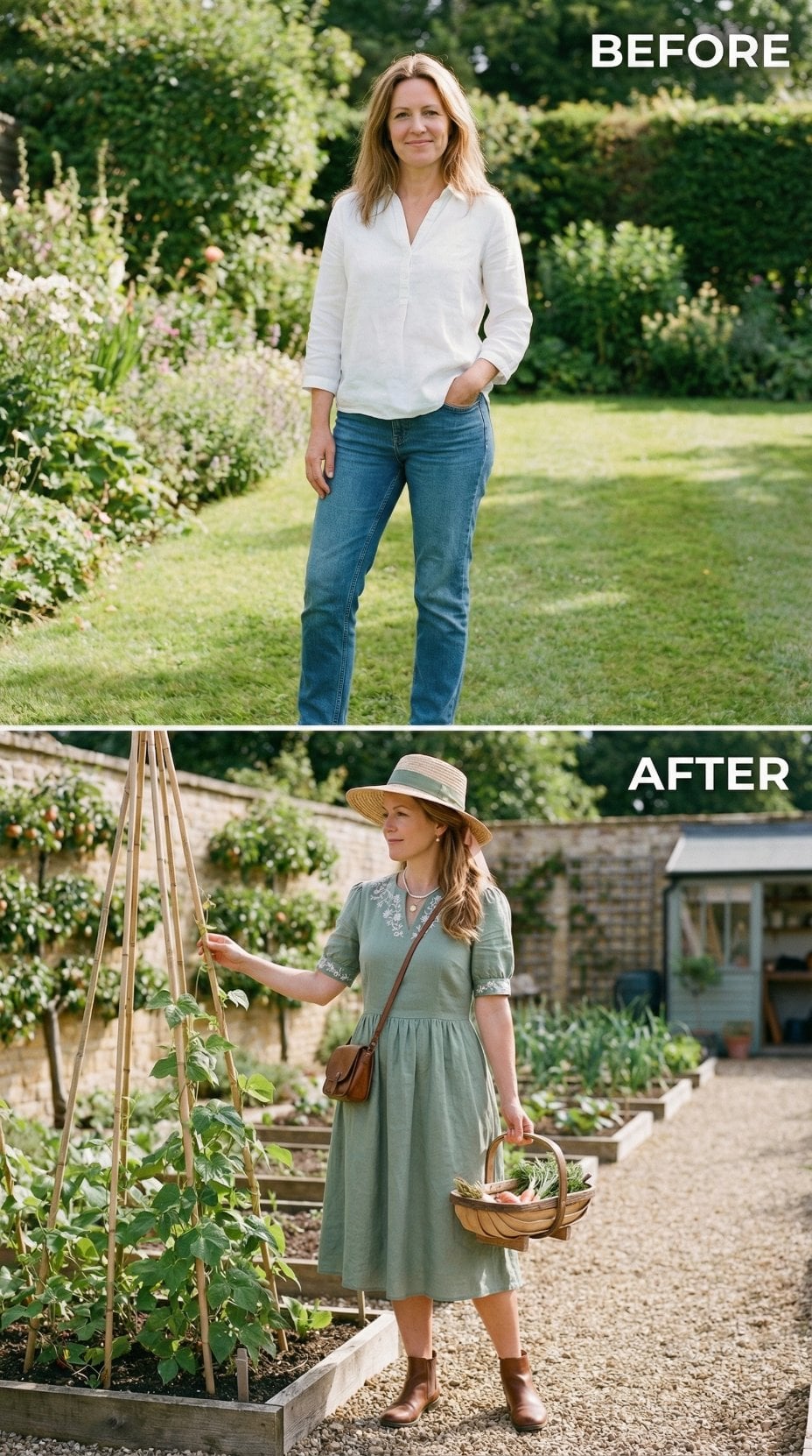 Garden Dress in Sage With Straw Boater Hat Elevates Harvest Basket
