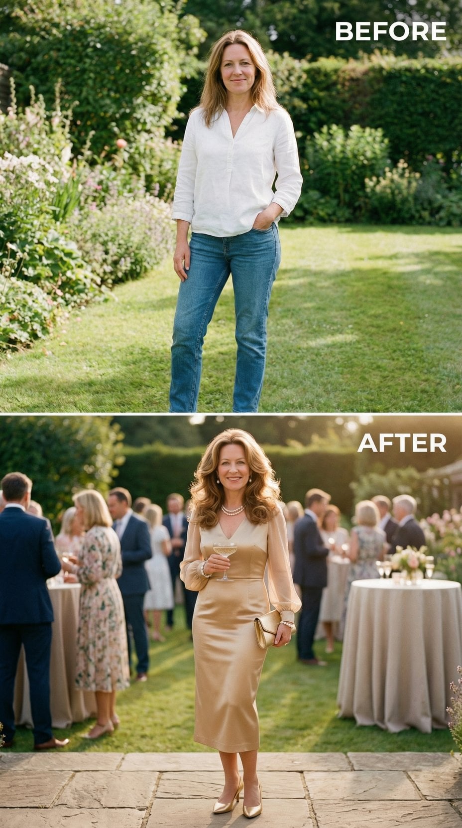 Champagne Satin Midi With Bishop Sleeves Frames Pearl Necklace